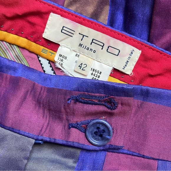 Vintage Etro Milano Purple Striped Silk Bellbottom Pants size 42 - Picture 6 of 8